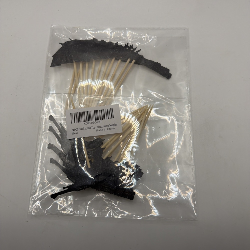Black Glitter Decorative Gun Cupcake Toppers - 24pcs